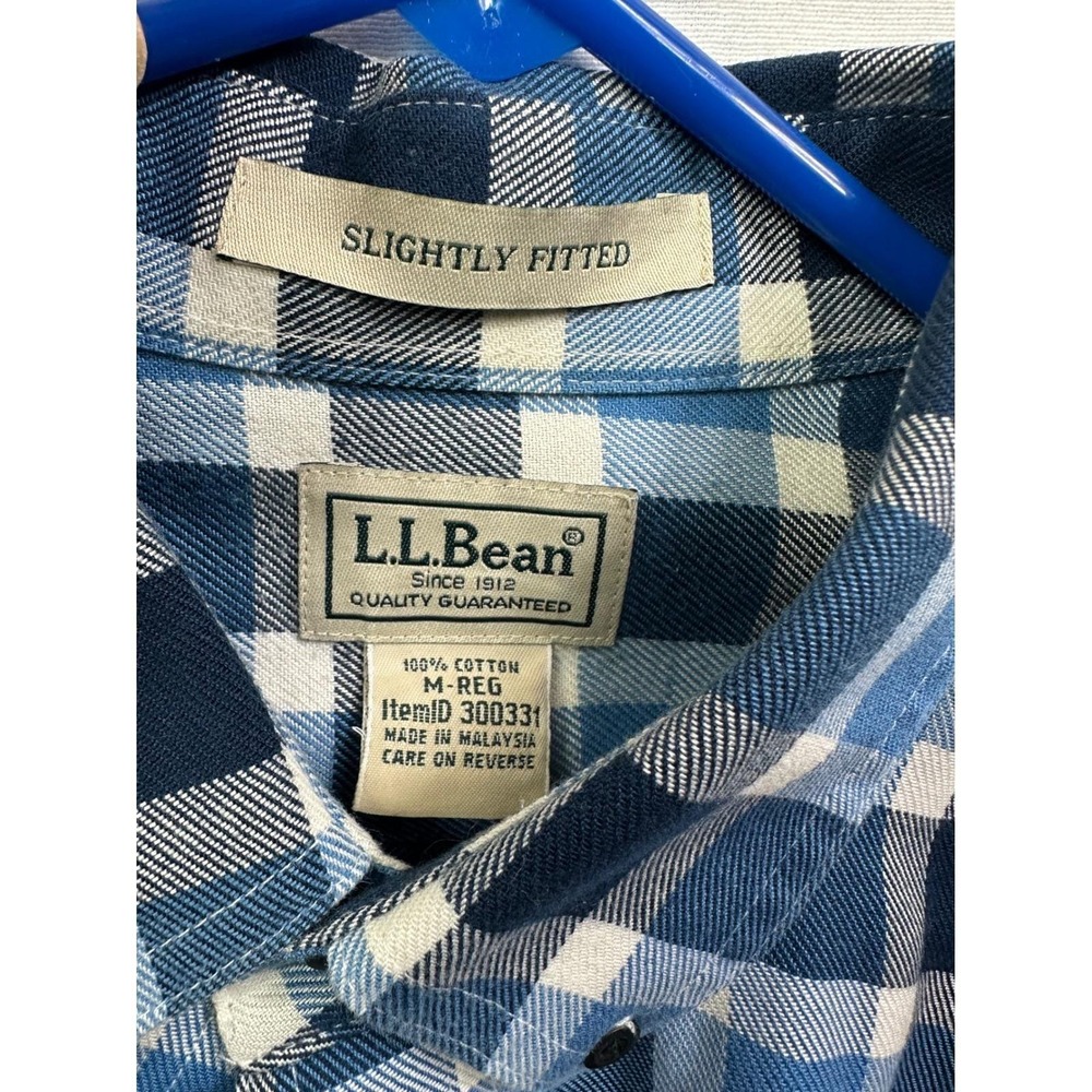 LL Bean Mens Slightly Fitted Plaid Flannel Shirt M REG‎ Blue White Navy